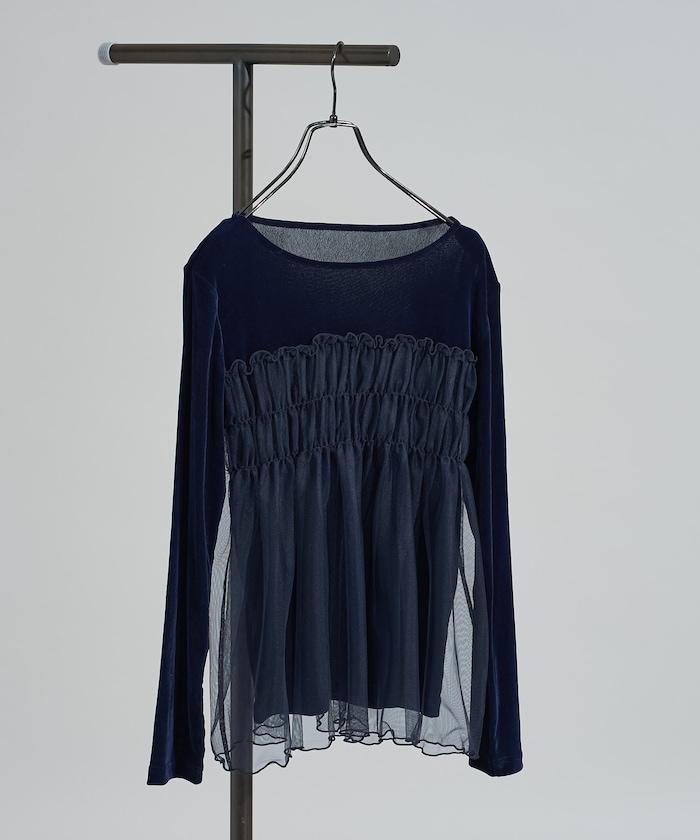 天鵝絨拼接網紗長袖T恤