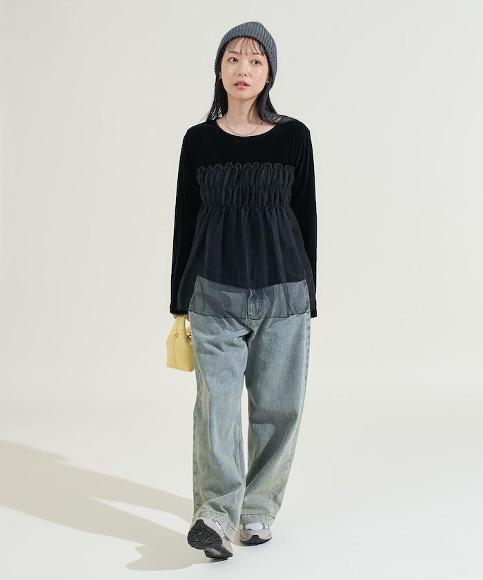 天鵝絨拼接網紗長袖T恤