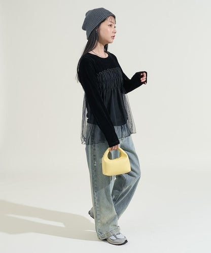 天鵝絨拼接網紗長袖T恤