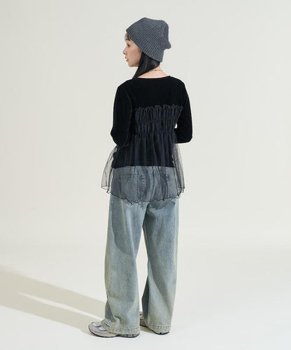 天鵝絨拼接網紗長袖T恤