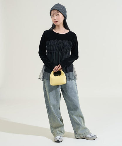 天鵝絨拼接網紗長袖T恤