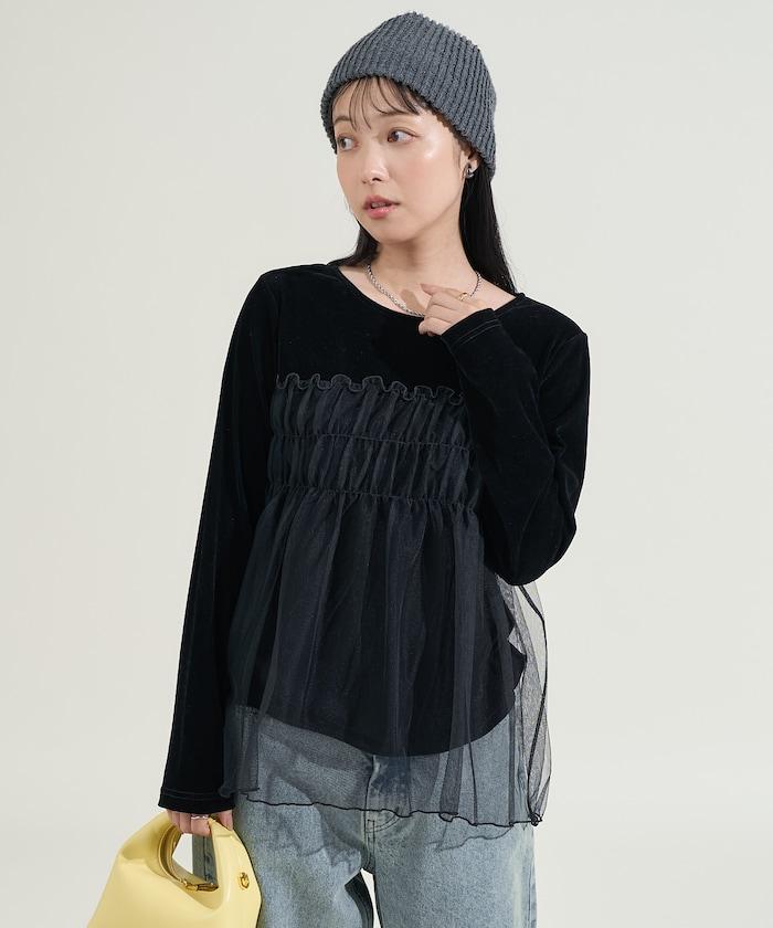 天鵝絨拼接網紗長袖T恤