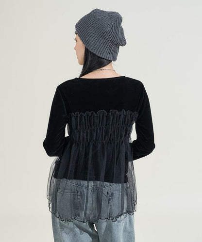 天鵝絨拼接網紗長袖T恤