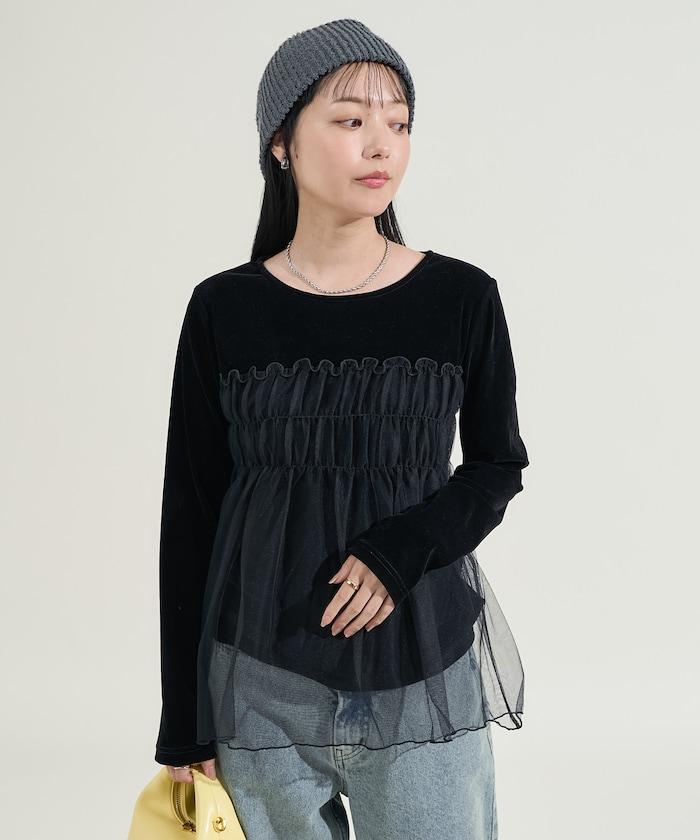 天鵝絨拼接網紗長袖T恤