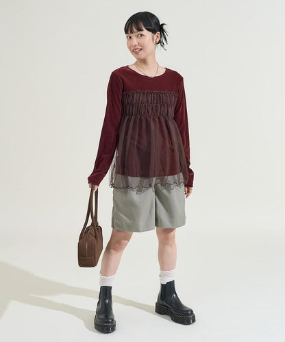 天鵝絨拼接網紗長袖T恤