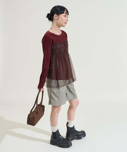 天鵝絨拼接網紗長袖T恤