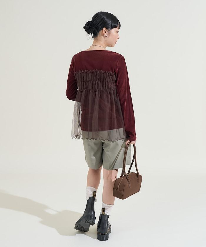 天鵝絨拼接網紗長袖T恤