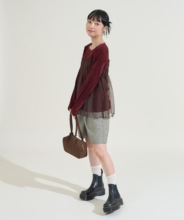 天鵝絨拼接網紗長袖T恤