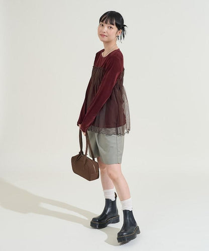 天鵝絨拼接網紗長袖T恤