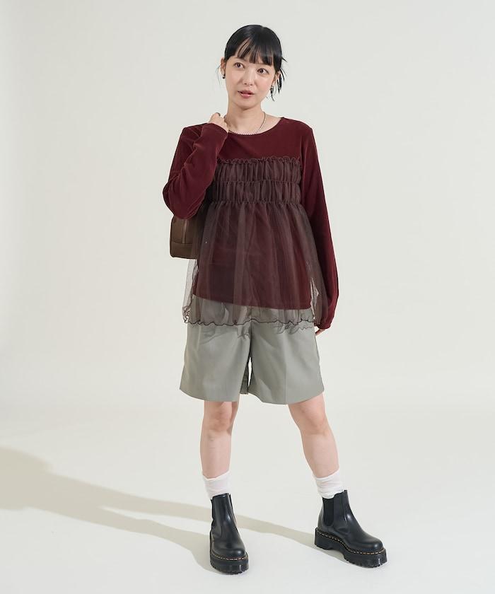 天鵝絨拼接網紗長袖T恤