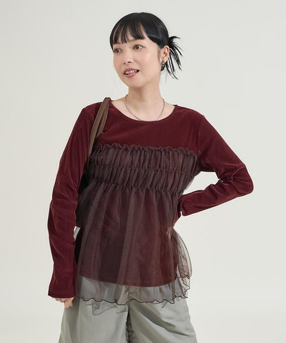 天鵝絨拼接網紗長袖T恤