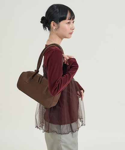 天鵝絨拼接網紗長袖T恤