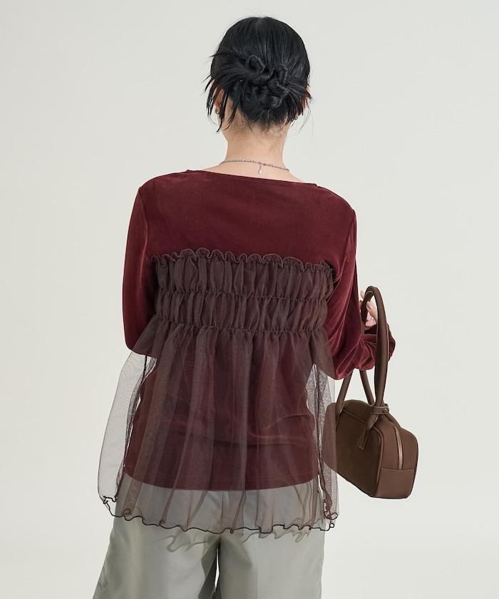 天鵝絨拼接網紗長袖T恤