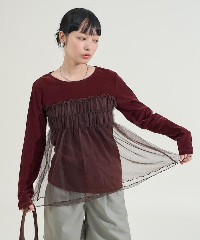 天鵝絨拼接網紗長袖T恤