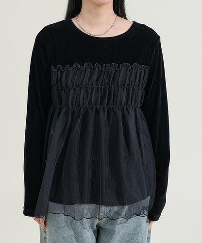 天鵝絨拼接網紗長袖T恤