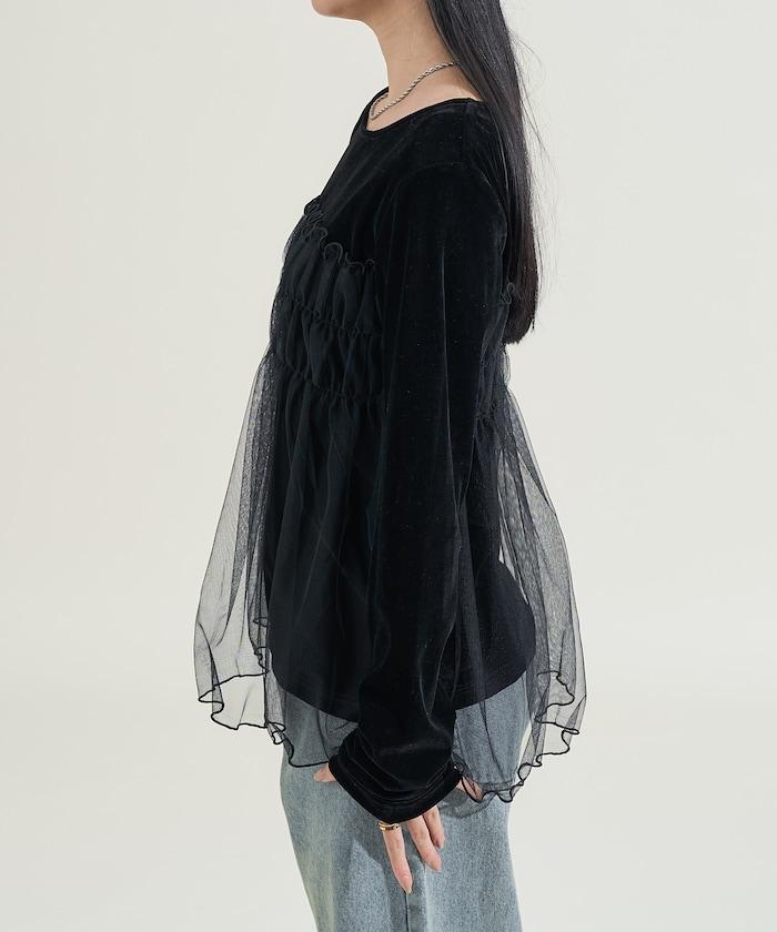 天鵝絨拼接網紗長袖T恤