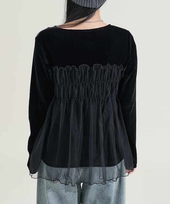 天鵝絨拼接網紗長袖T恤