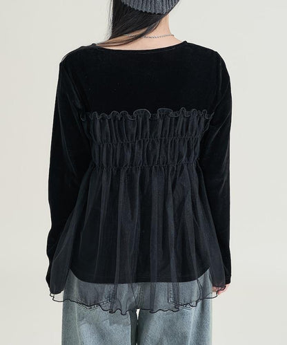 天鵝絨拼接網紗長袖T恤