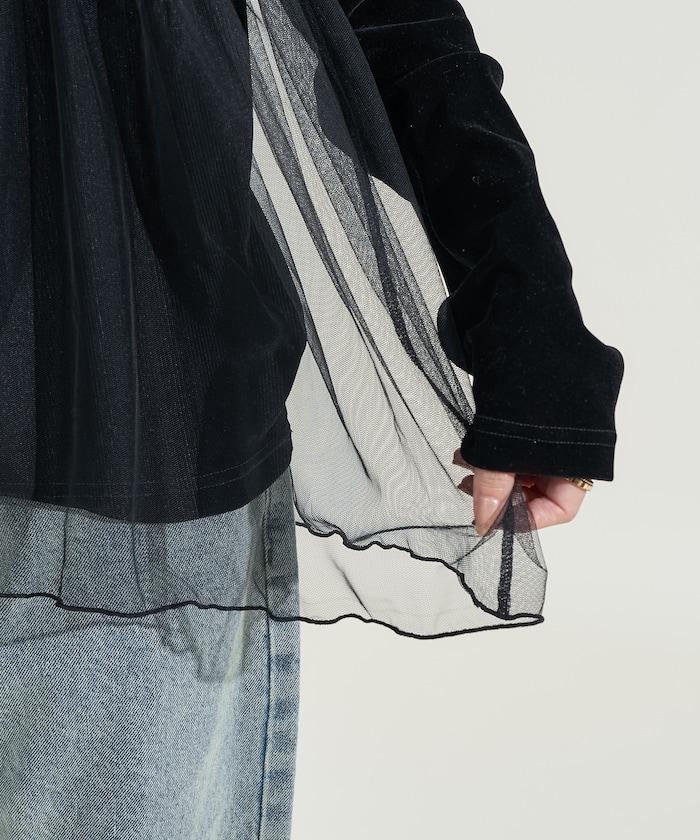 天鵝絨拼接網紗長袖T恤