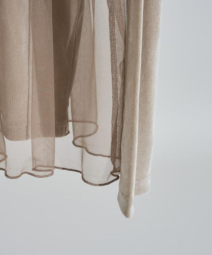 天鵝絨拼接網紗長袖T恤