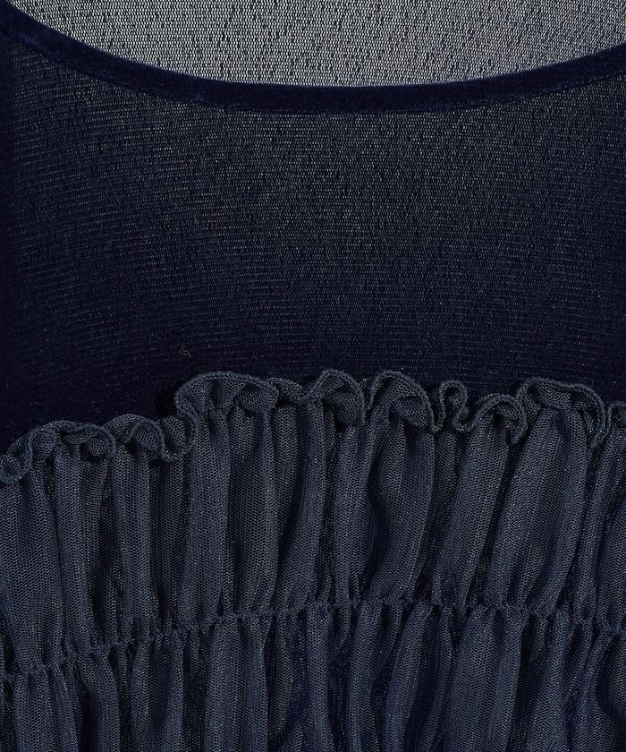 天鵝絨拼接網紗長袖T恤