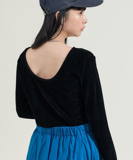 天鵝絨後背開口長袖T恤