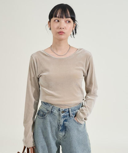 天鵝絨後背開口長袖T恤