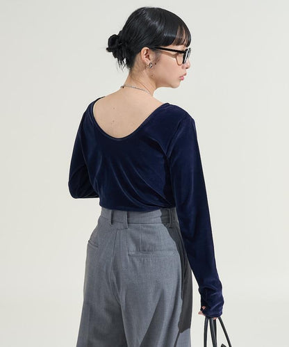 天鵝絨後背開口長袖T恤