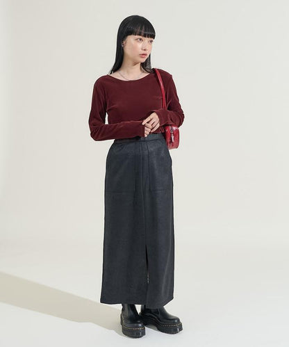 天鵝絨後背開口長袖T恤