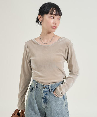 天鵝絨後背開口長袖T恤