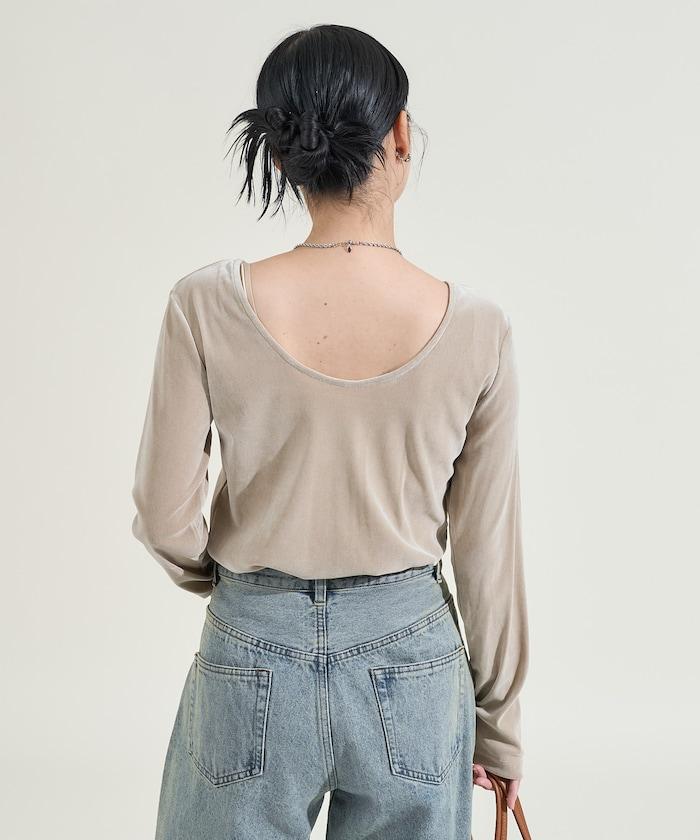 天鵝絨後背開口長袖T恤