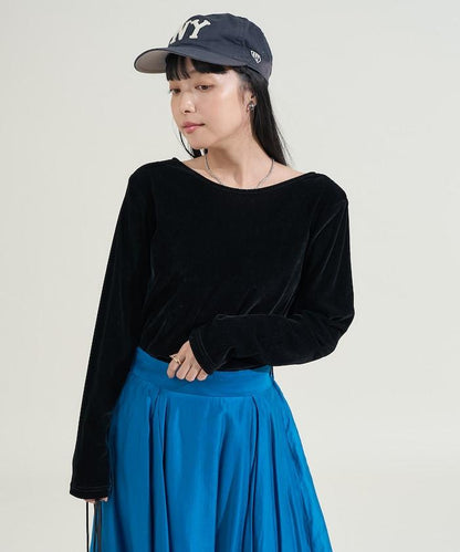 天鵝絨後背開口長袖T恤