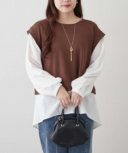 刺繡拼接套頭衫帶項鍊