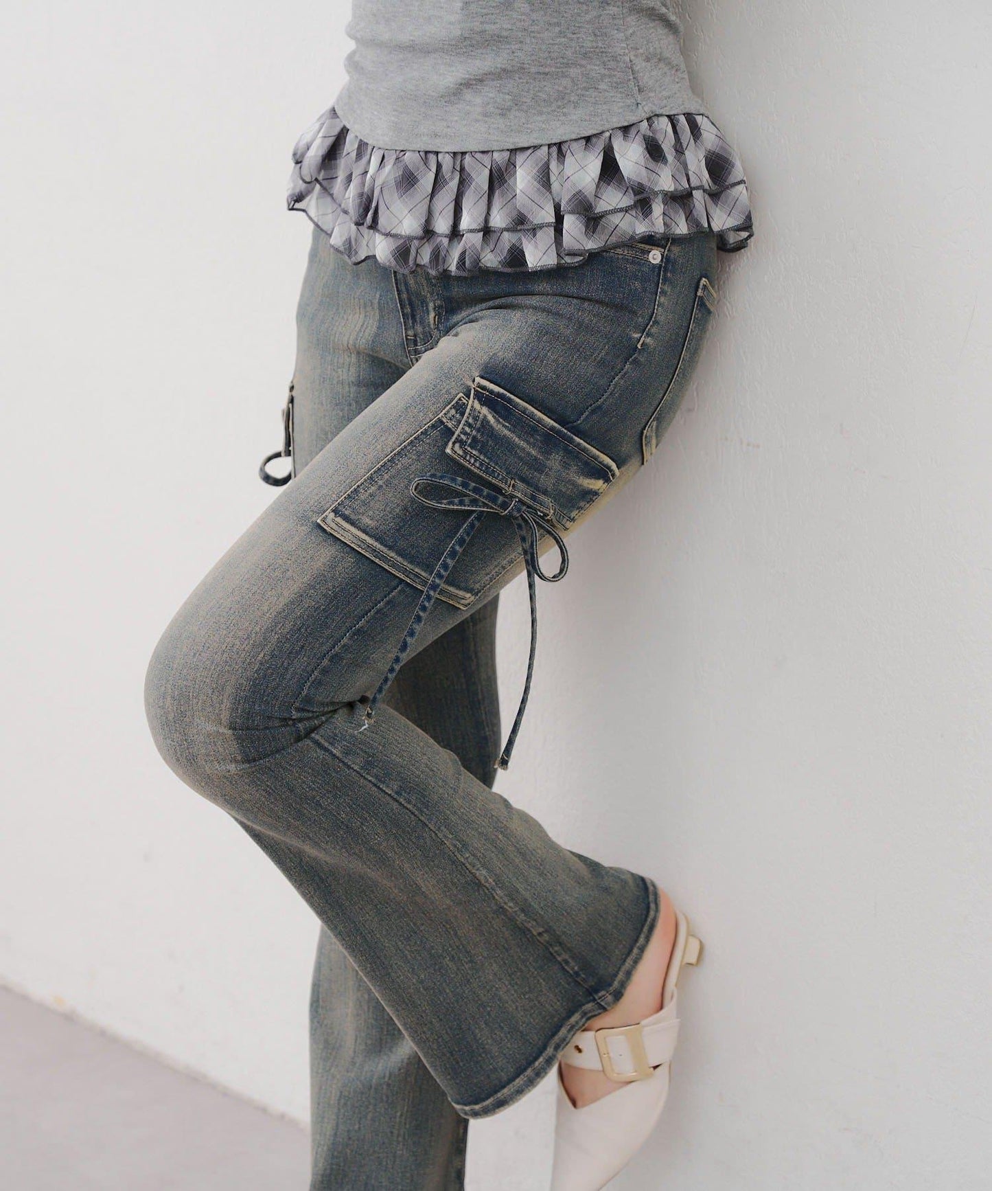 蝴蝶結工裝牛仔喇叭褲