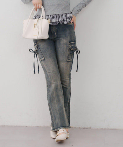 蝴蝶結工裝牛仔喇叭褲