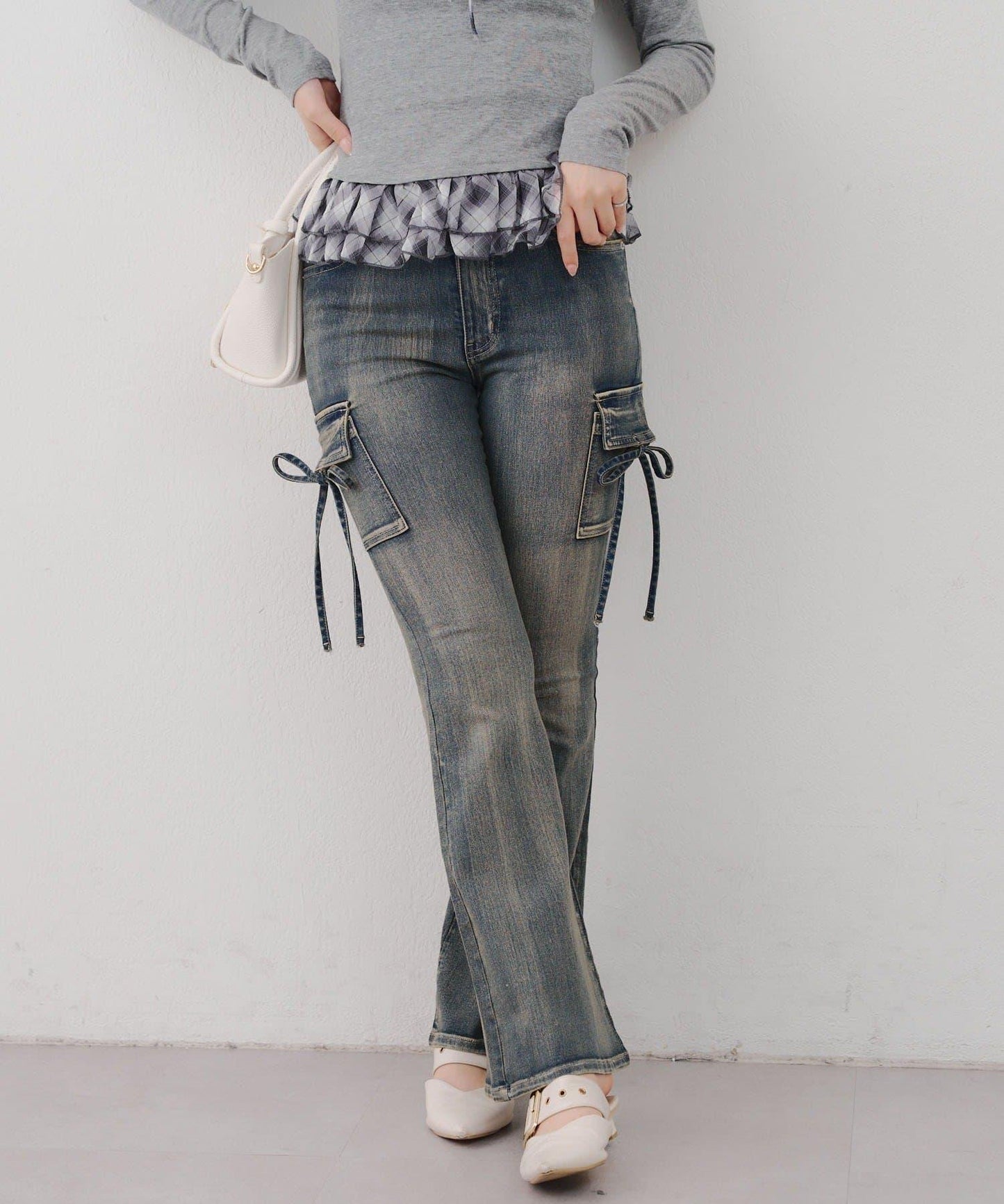 蝴蝶結工裝牛仔喇叭褲