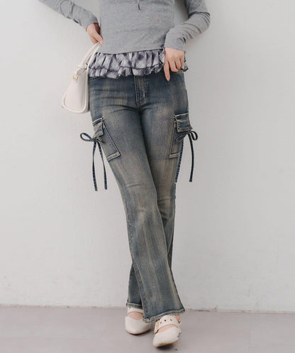 蝴蝶結工裝牛仔喇叭褲