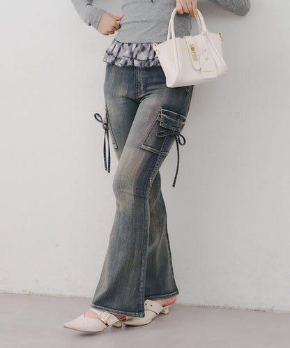 蝴蝶結工裝牛仔喇叭褲