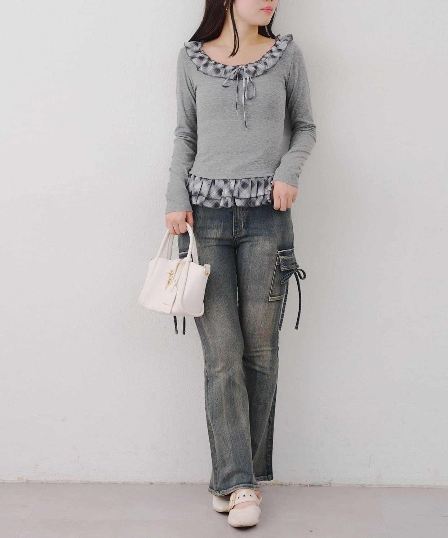 蝴蝶結工裝牛仔喇叭褲