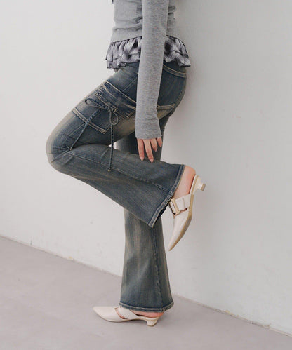 蝴蝶結工裝牛仔喇叭褲