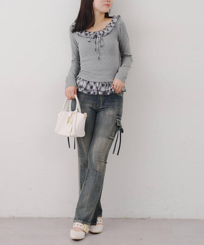 蝴蝶結工裝牛仔喇叭褲