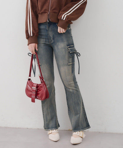 蝴蝶結工裝牛仔喇叭褲