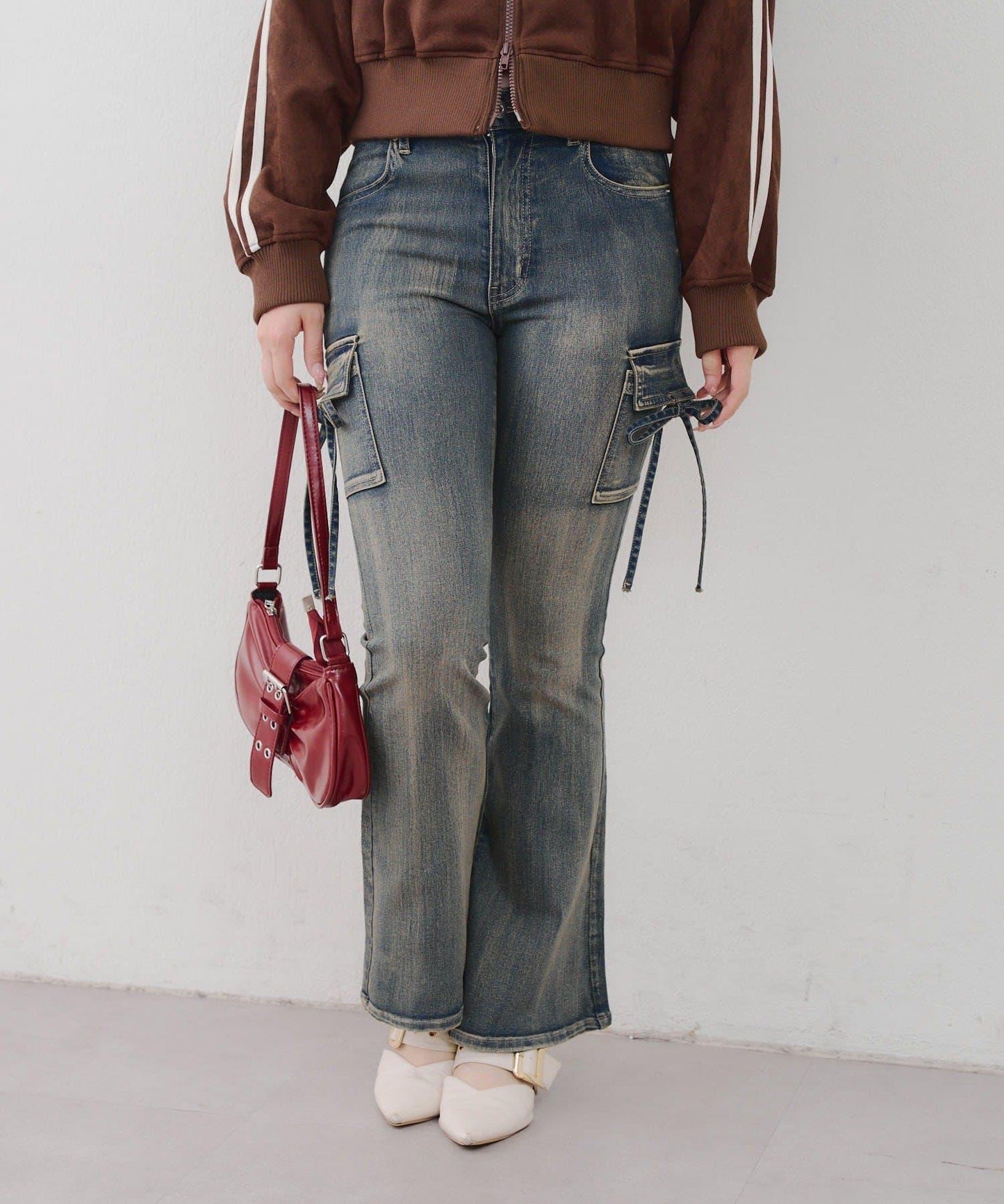 蝴蝶結工裝牛仔喇叭褲