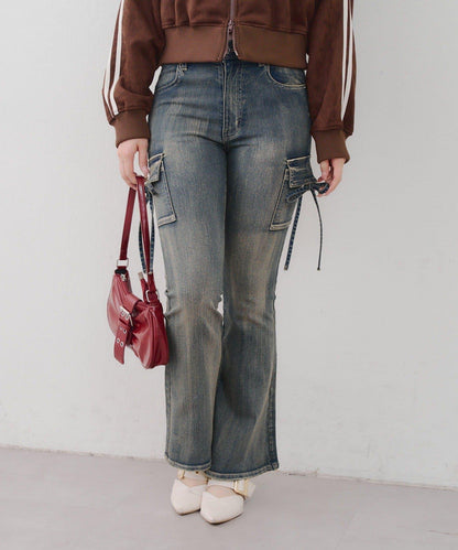 蝴蝶結工裝牛仔喇叭褲