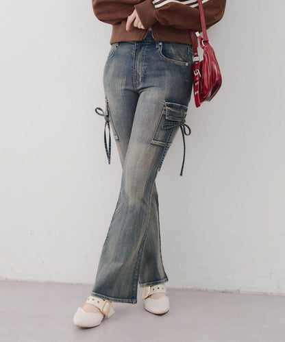 蝴蝶結工裝牛仔喇叭褲