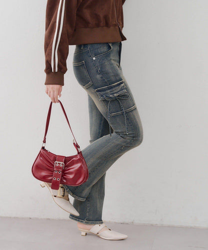 蝴蝶結工裝牛仔喇叭褲