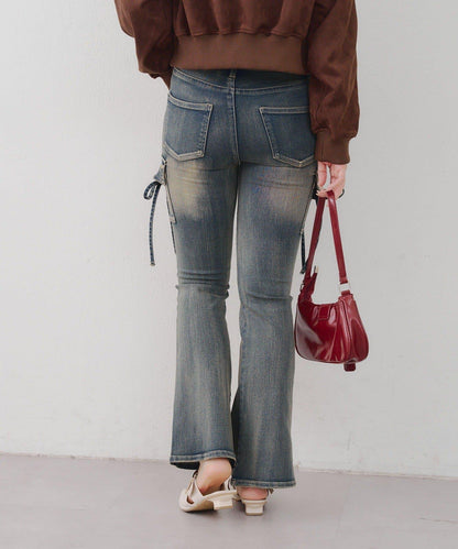 蝴蝶結工裝牛仔喇叭褲