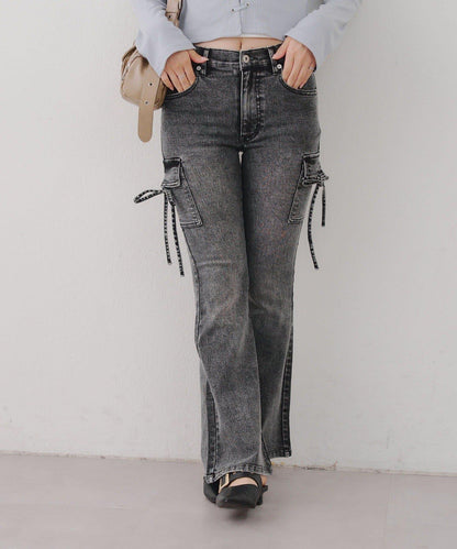 蝴蝶結工裝牛仔喇叭褲