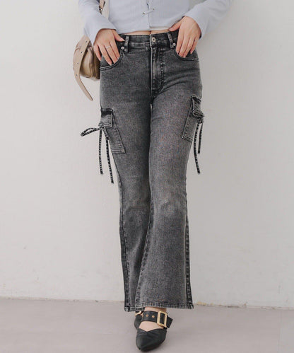 蝴蝶結工裝牛仔喇叭褲