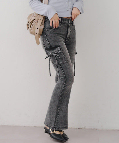 蝴蝶結工裝牛仔喇叭褲